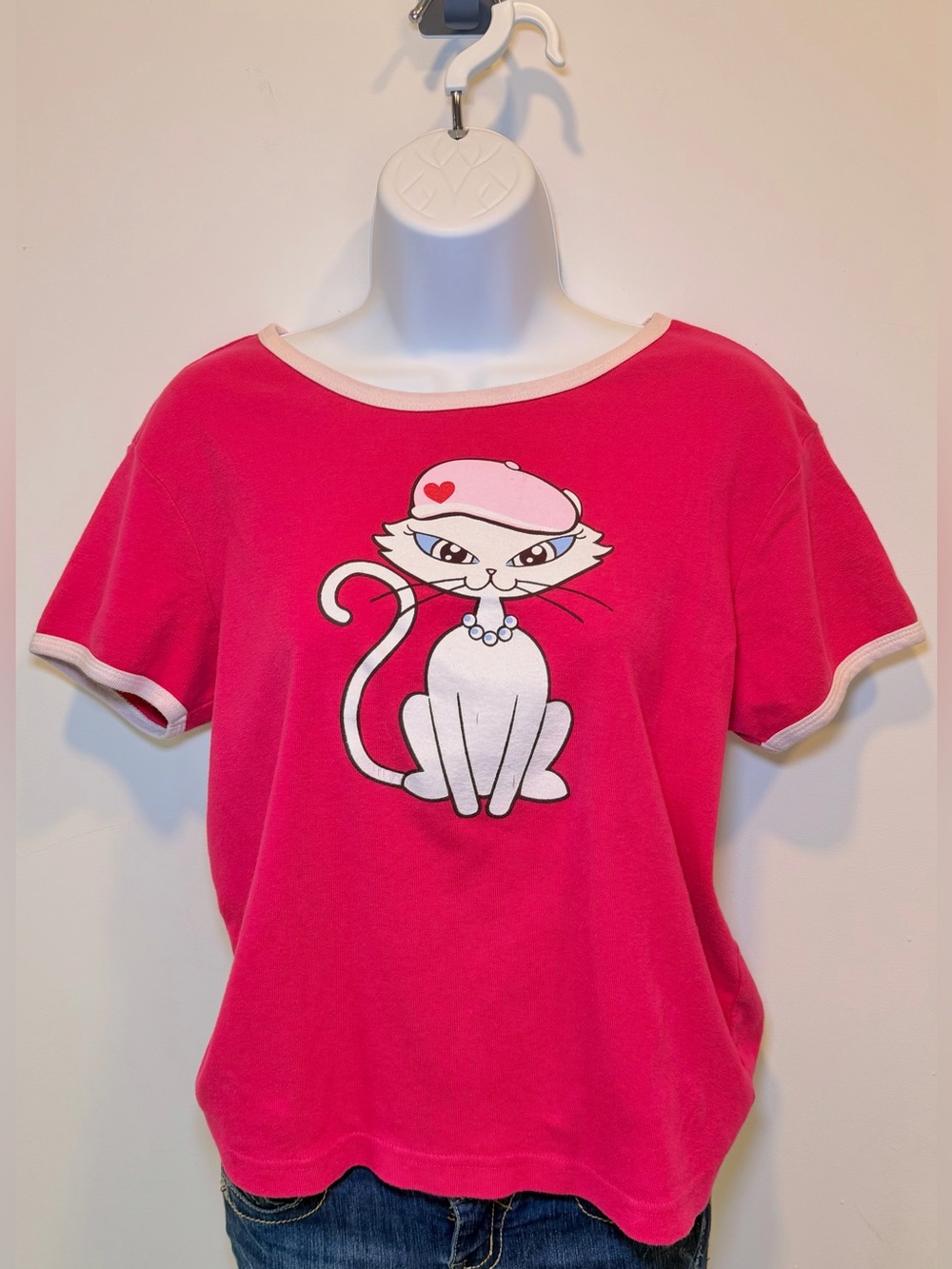 Vintage 90s Y2K Self Esteem Pink Cat Baby Tee 100% Cotton S/M McBling Mallcore